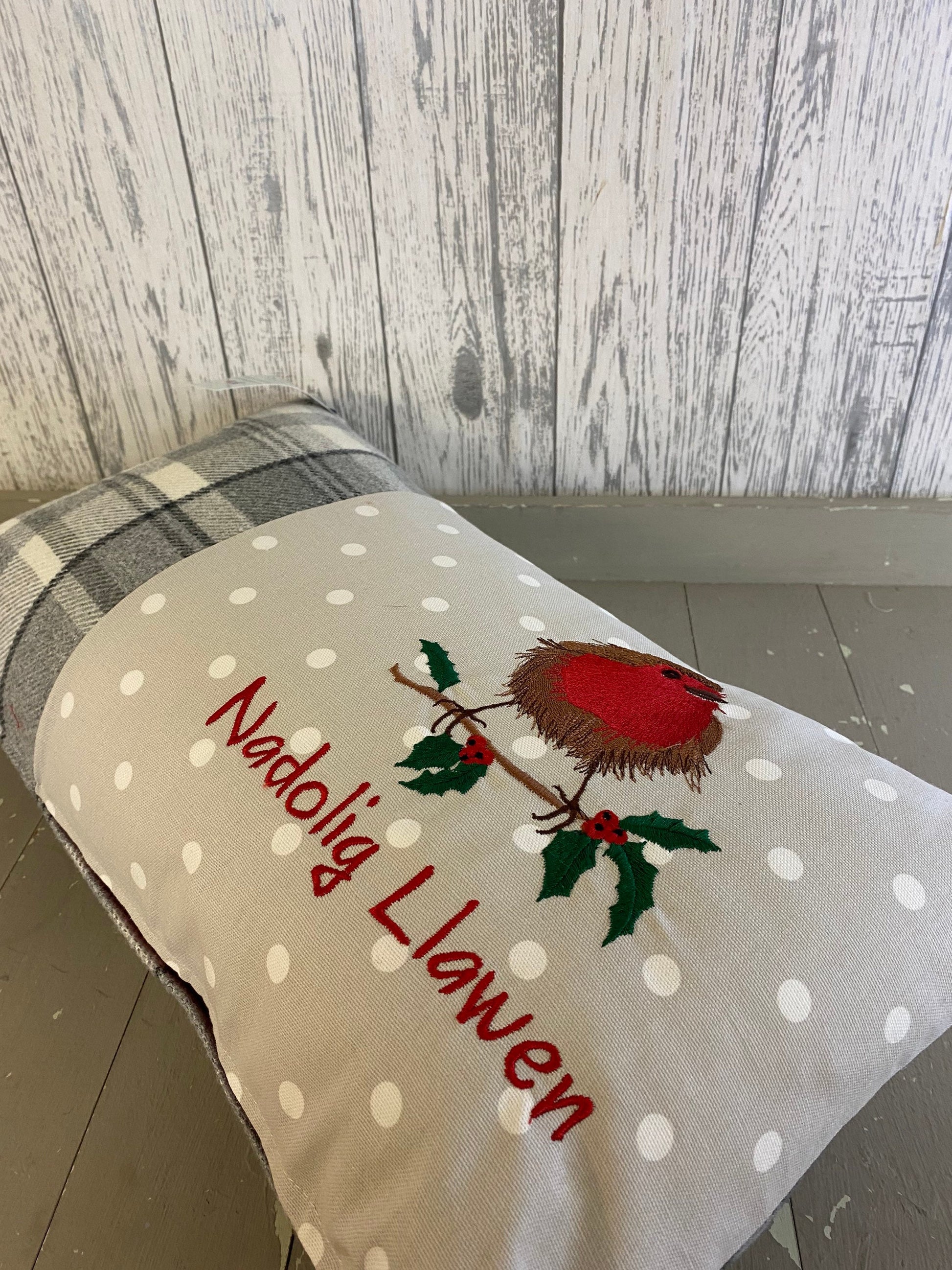 Christmas Robin ,fluffy Robin embroidered cushion Nadolig Llawen grey Christmas decor