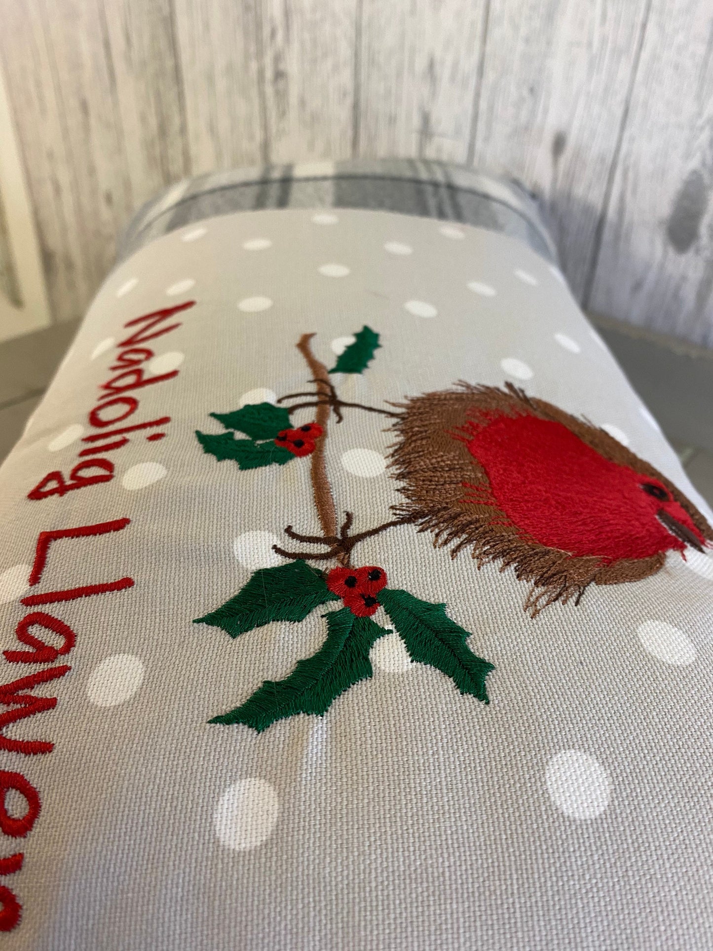 Christmas Robin ,fluffy Robin embroidered cushion Nadolig Llawen grey Christmas decor