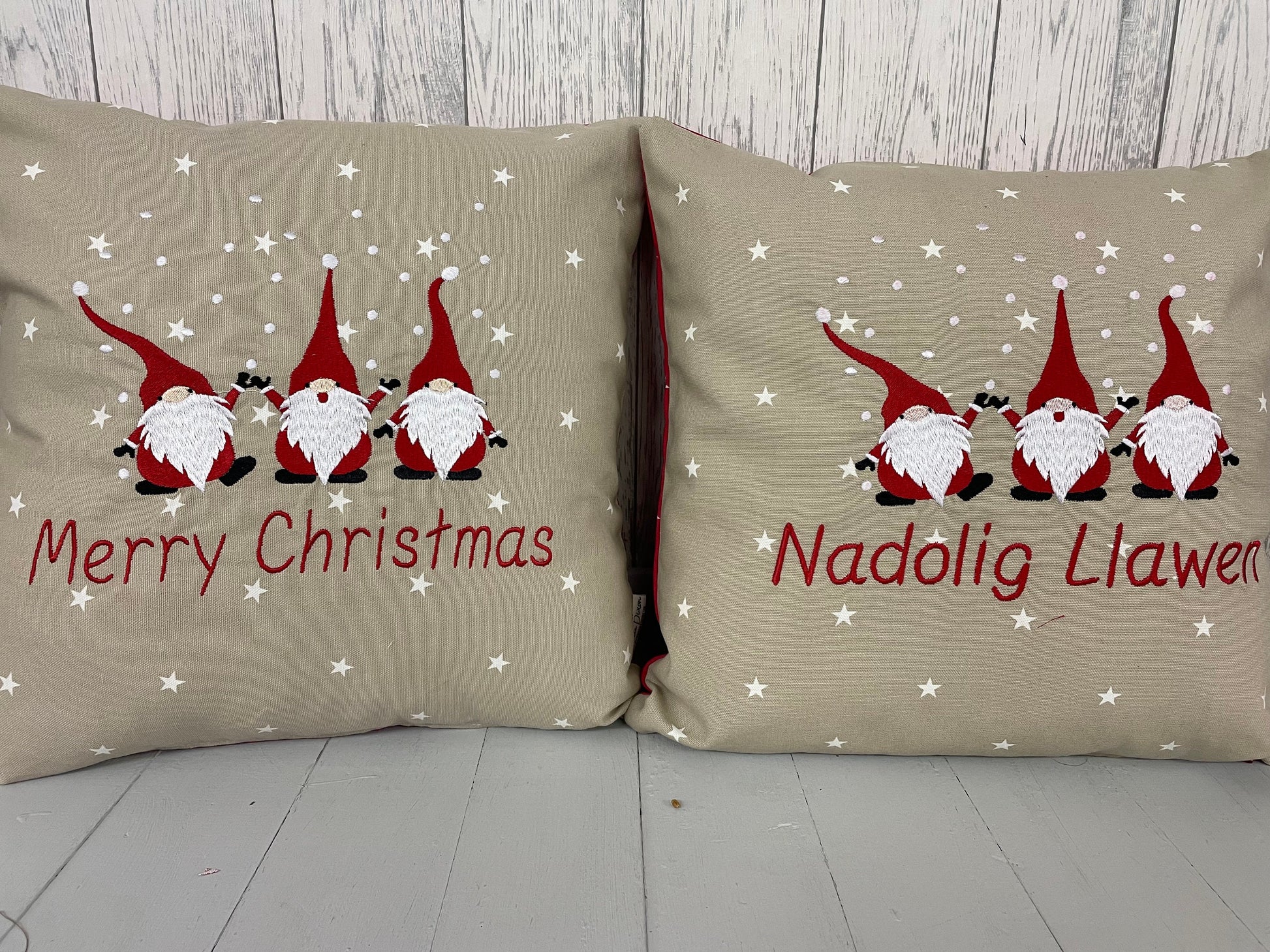 Merry Christmas 14” Gnomes Cushion, Red and Taupe Star Festive Cushion-Festive Gnomes- Christmas Gnomes-