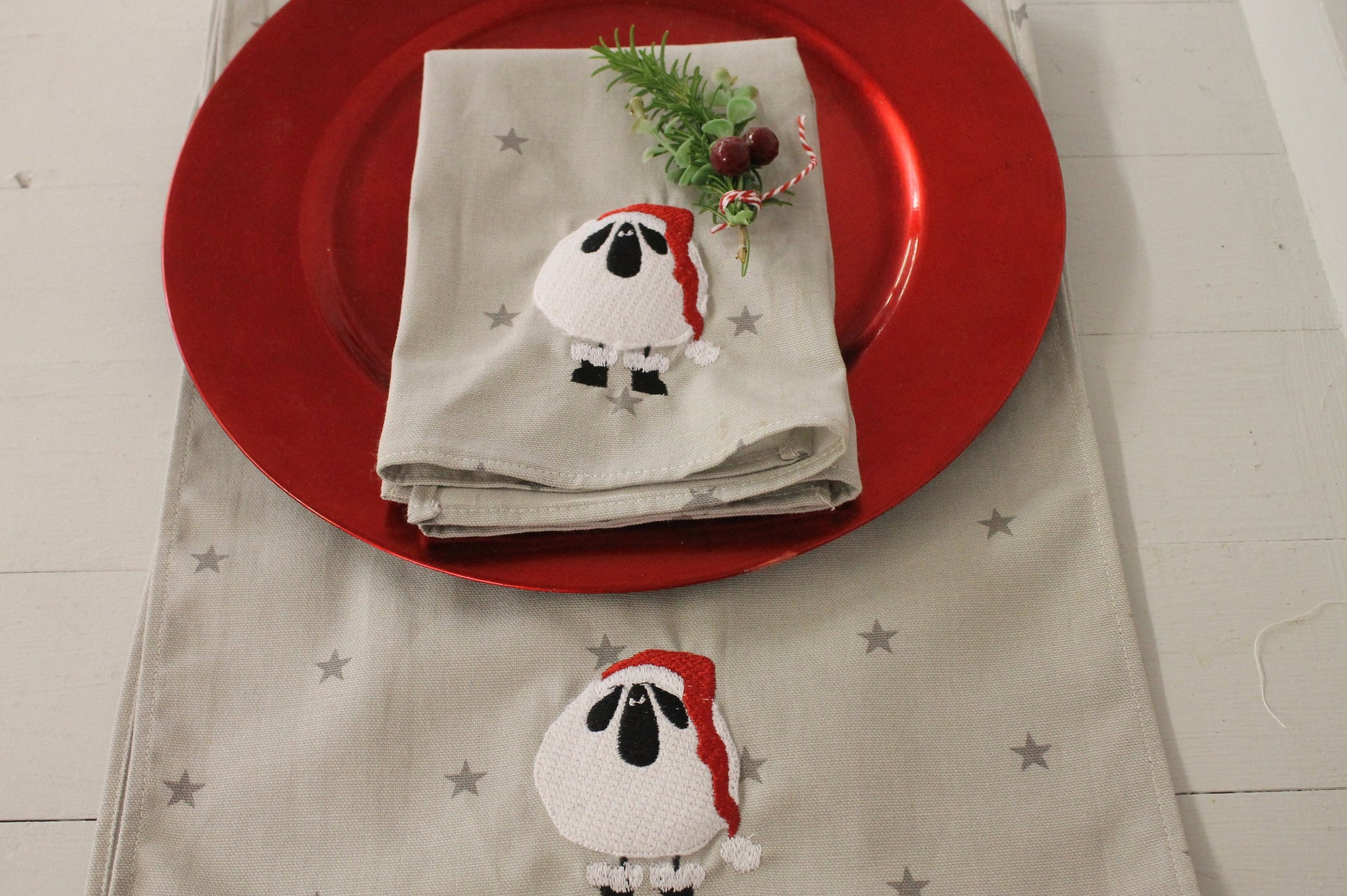 Christmas Napkins - Festive table- Christmas Sheep Napkins -Handmade festive Sheep wearing Santa Hat Napkins - Grey Star Fabric Napkins