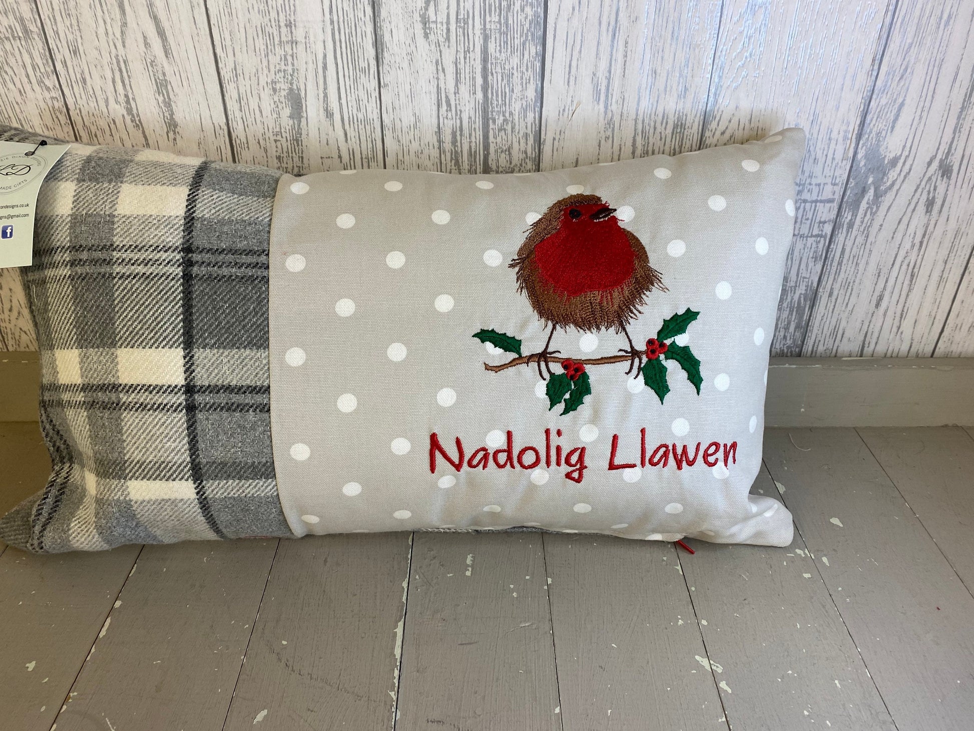 Christmas Robin ,fluffy Robin embroidered cushion Nadolig Llawen grey Christmas decor