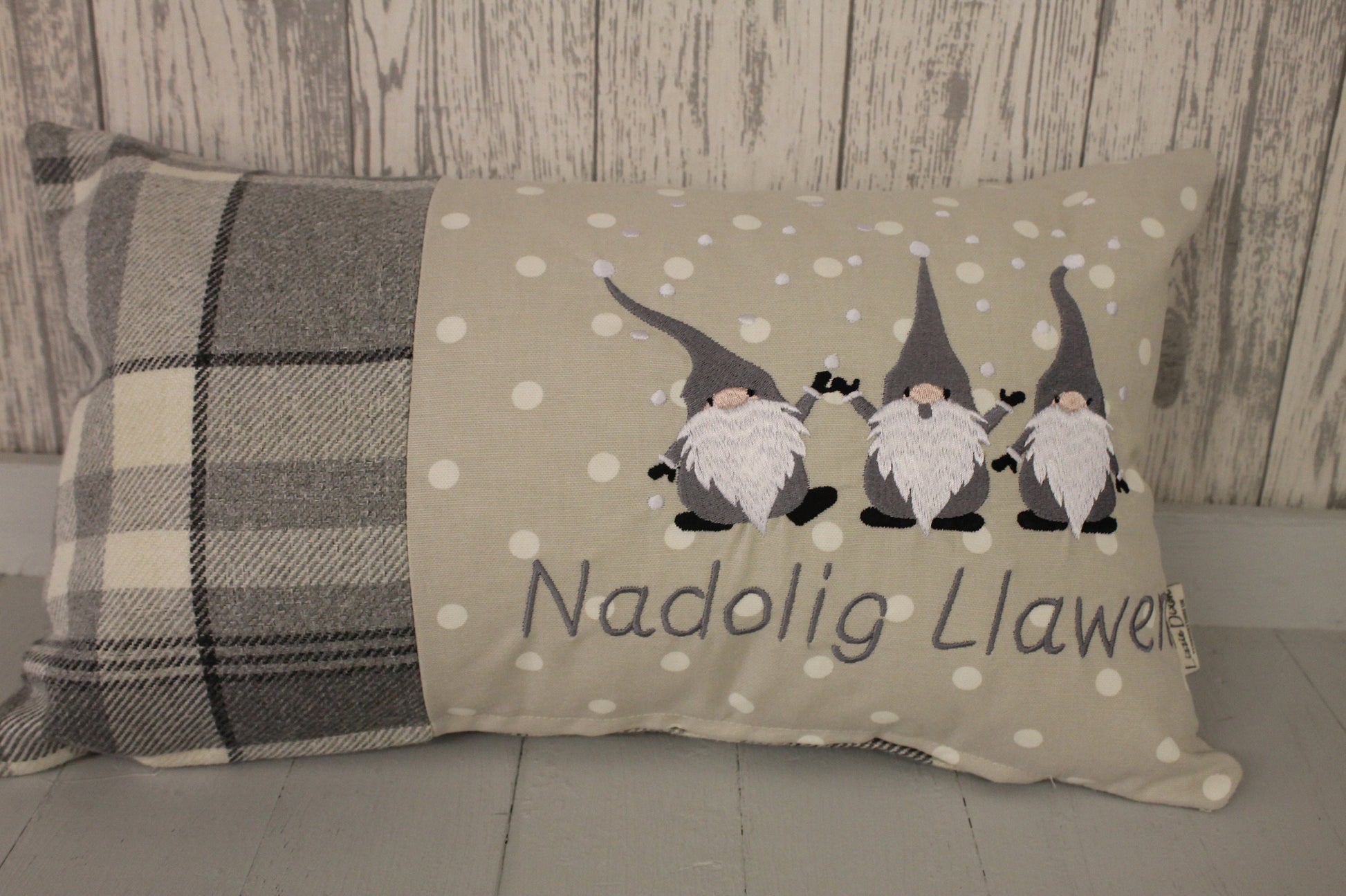 Grey Christmas Gnomes Cushion, Nadolig Llawen Festive Cushion-Festive Gnomes- Christmas Gnomes- Grey Gnomes