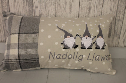 Grey Christmas Gnomes Cushion, Nadolig Llawen Festive Cushion-Festive Gnomes- Christmas Gnomes- Grey Gnomes
