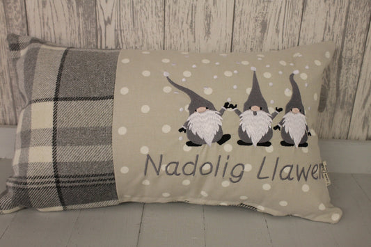 Grey Christmas Gnomes Cushion, Nadolig Llawen Festive Cushion-Festive Gnomes- Christmas Gnomes- Grey Gnomes