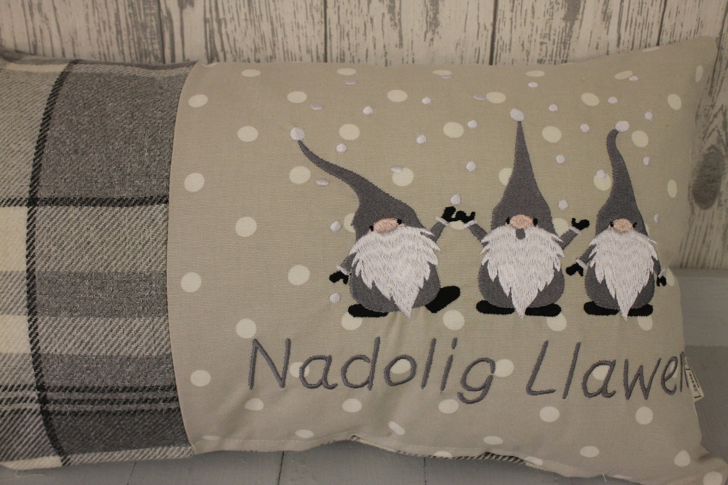 Grey Christmas Gnomes Cushion, Nadolig Llawen Festive Cushion-Festive Gnomes- Christmas Gnomes- Grey Gnomes