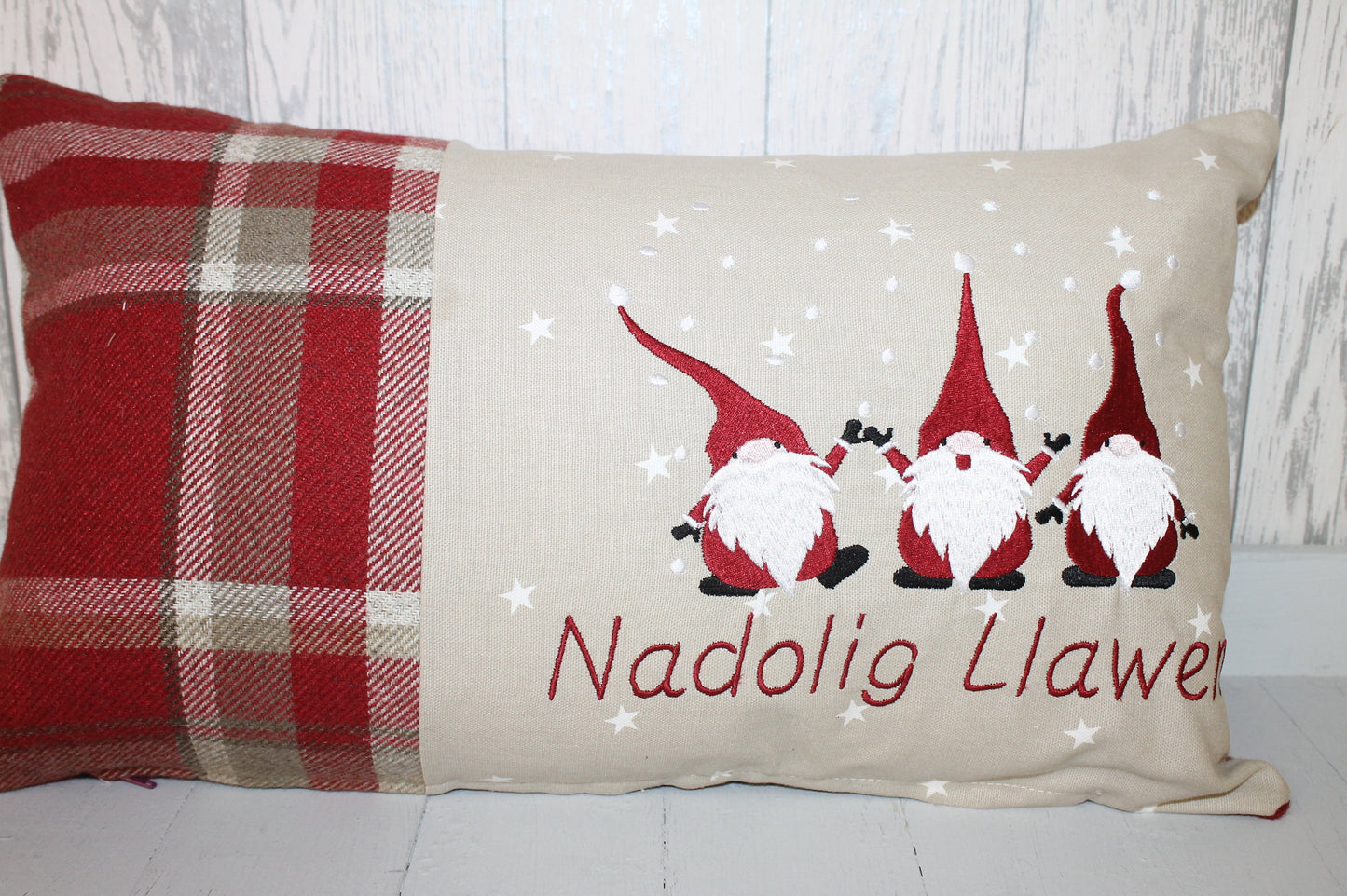 Red Wool Christmas Gnomes Cushion, Nadolig Llawen Festive Cushion-Festive Gnomes- Christmas Gnomes- Grey Gnomes