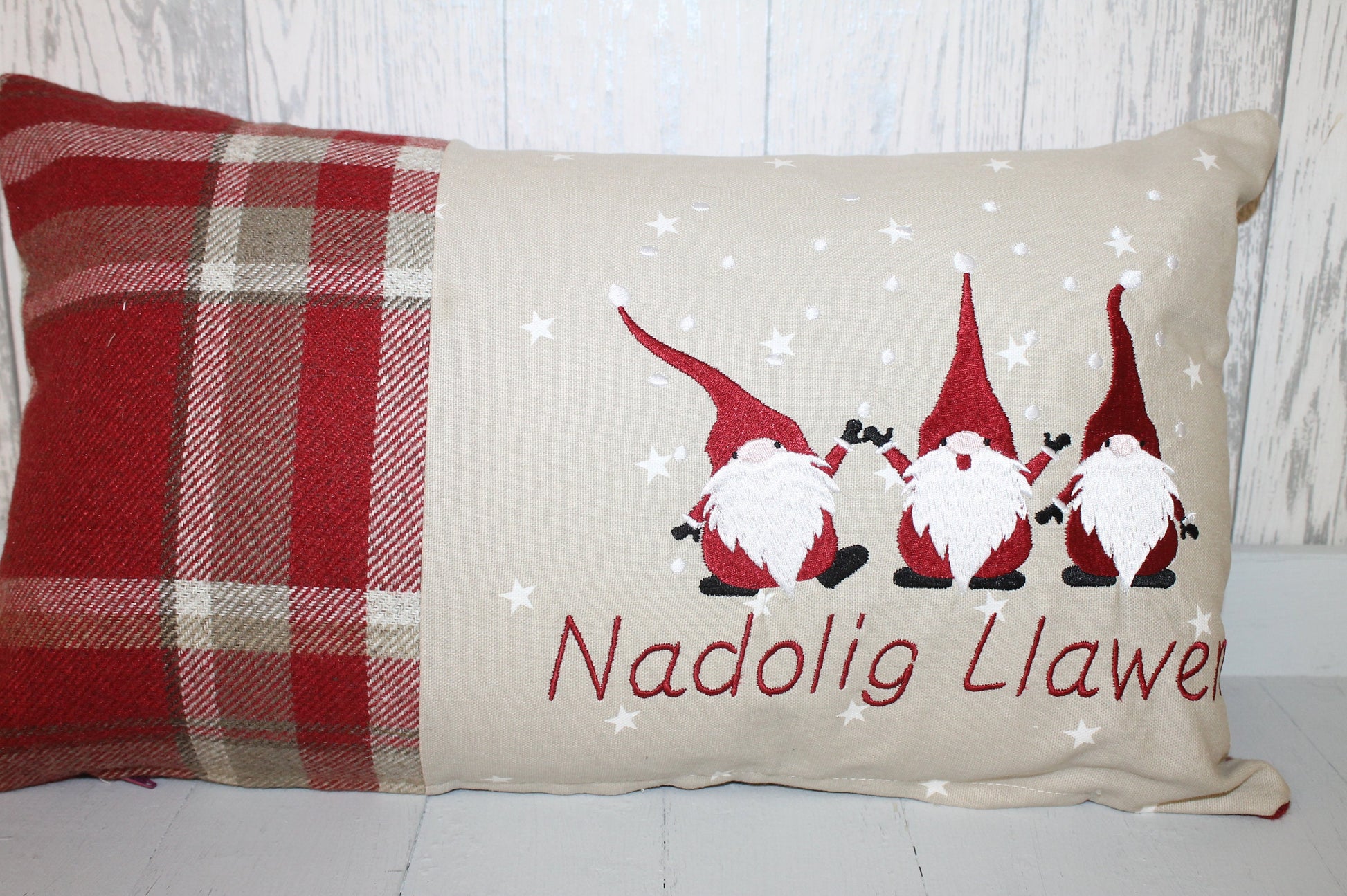 Red Wool Christmas Gnomes Cushion, Nadolig Llawen Festive Cushion-Festive Gnomes- Christmas Gnomes- Grey Gnomes