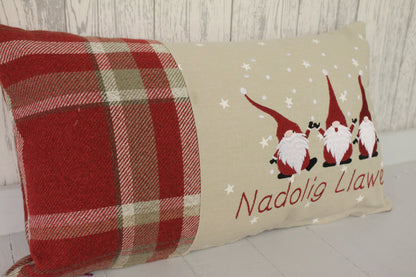 Red Wool Christmas Gnomes Cushion, Nadolig Llawen Festive Cushion-Festive Gnomes- Christmas Gnomes- Grey Gnomes