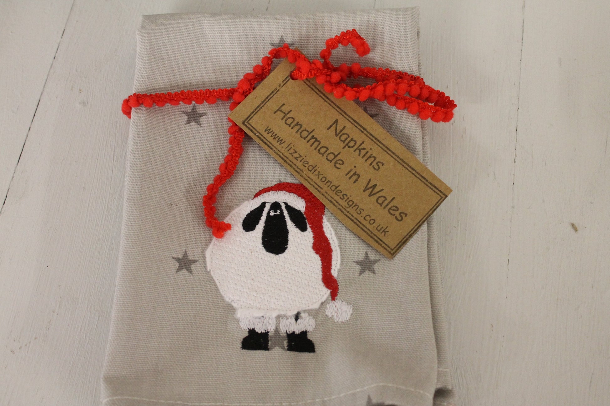 Christmas Napkins - Festive table- Christmas Sheep Napkins -Handmade festive Sheep wearing Santa Hat Napkins - Grey Star Fabric Napkins