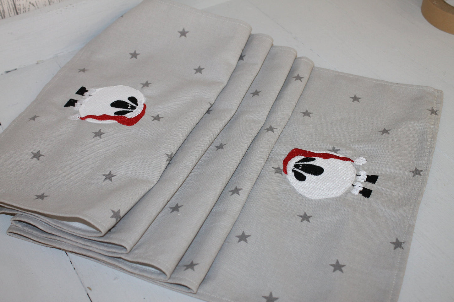 Christmas Napkins - Festive table- Christmas Sheep Napkins -Handmade festive Sheep wearing Santa Hat Napkins - Grey Star Fabric Napkins