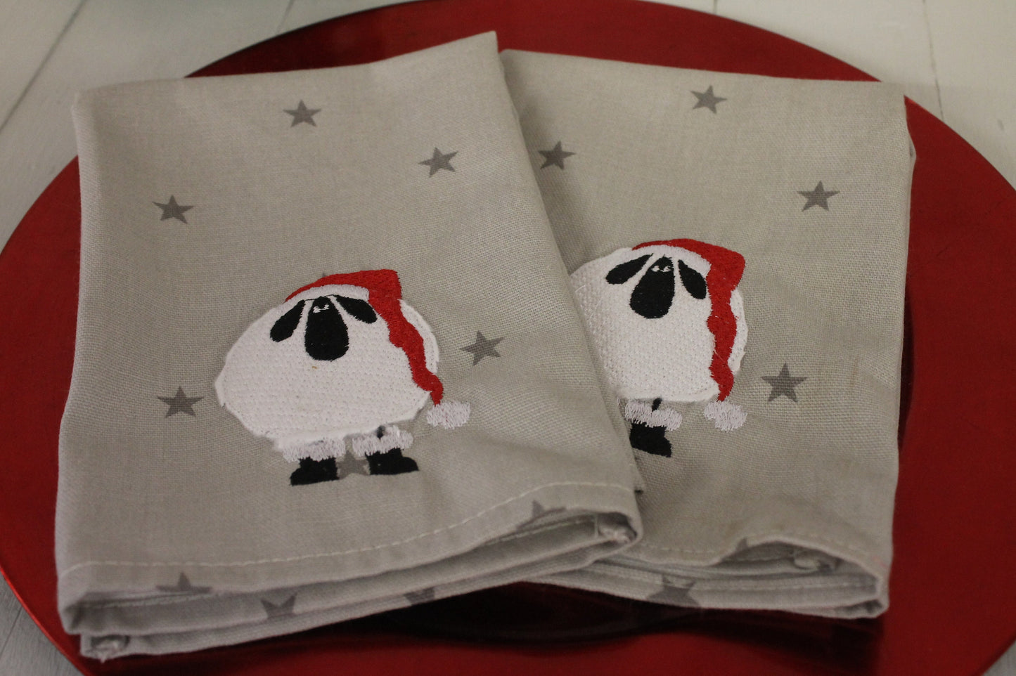 Christmas Napkins - Festive table- Christmas Sheep Napkins -Handmade festive Sheep wearing Santa Hat Napkins - Grey Star Fabric Napkins