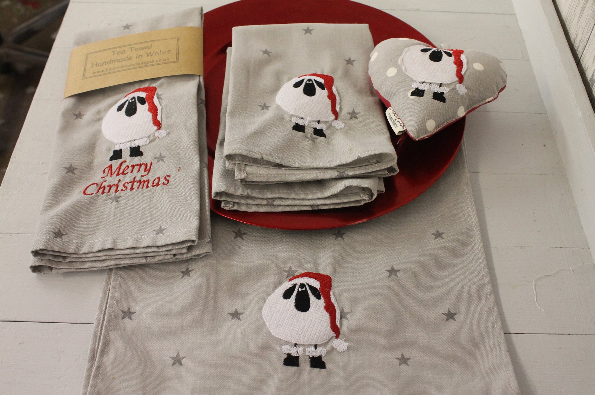 Christmas Napkins - Festive table- Christmas Sheep Napkins -Handmade festive Sheep wearing Santa Hat Napkins - Grey Star Fabric Napkins