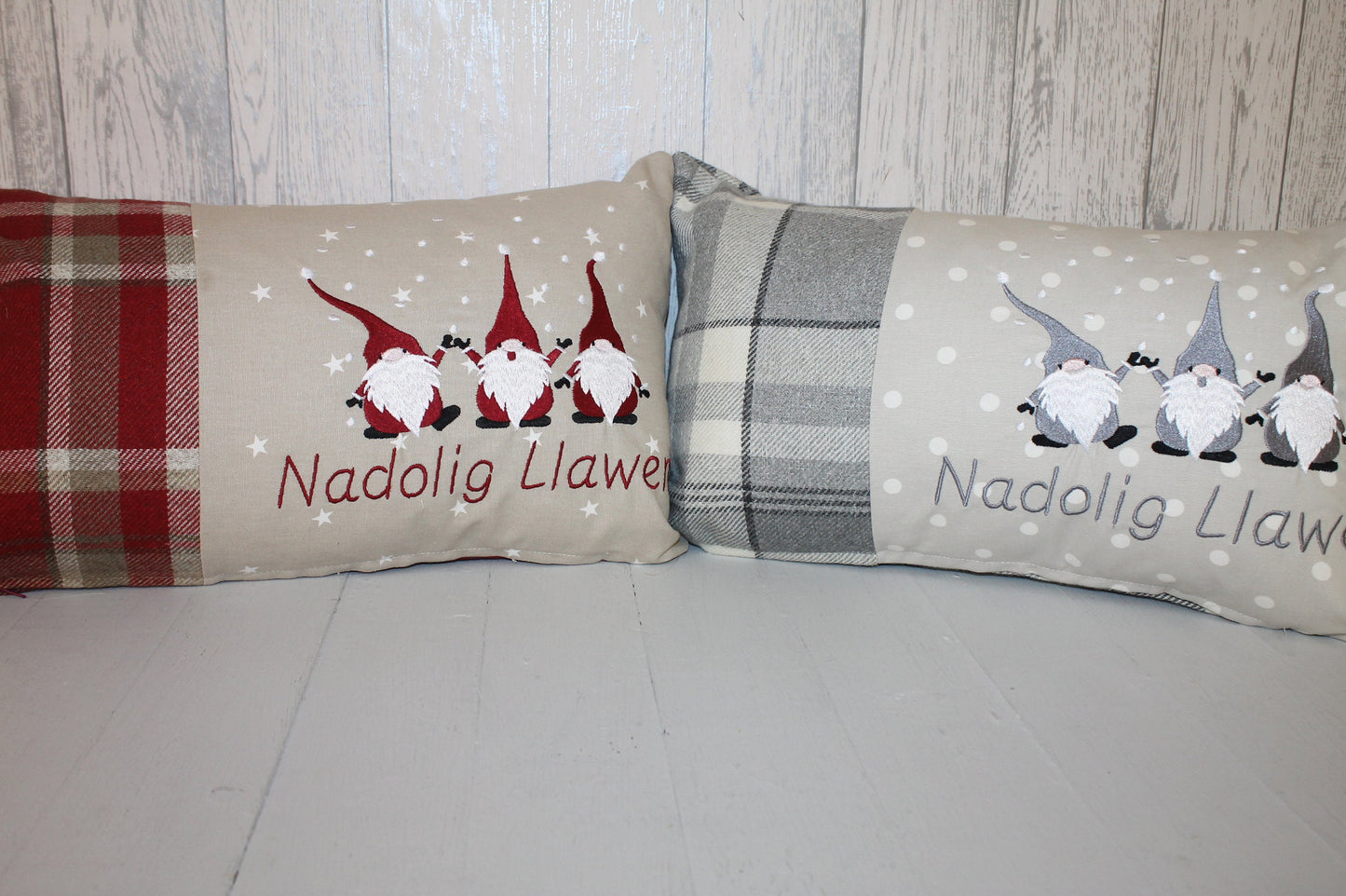 Grey Christmas Gnomes Cushion, Nadolig Llawen Festive Cushion-Festive Gnomes- Christmas Gnomes- Grey Gnomes