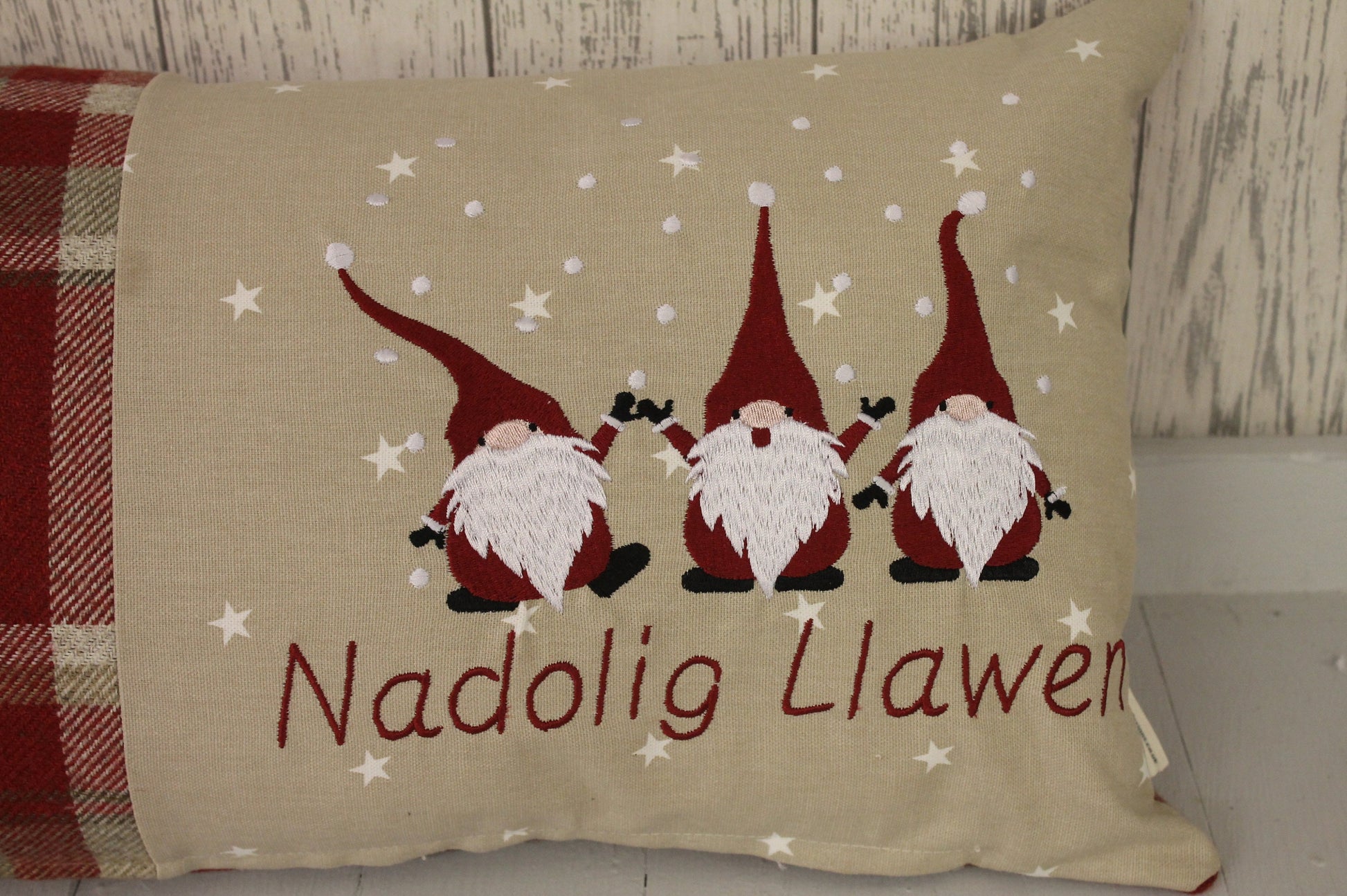 Red Wool Christmas Gnomes Cushion, Nadolig Llawen Festive Cushion-Festive Gnomes- Christmas Gnomes- Grey Gnomes