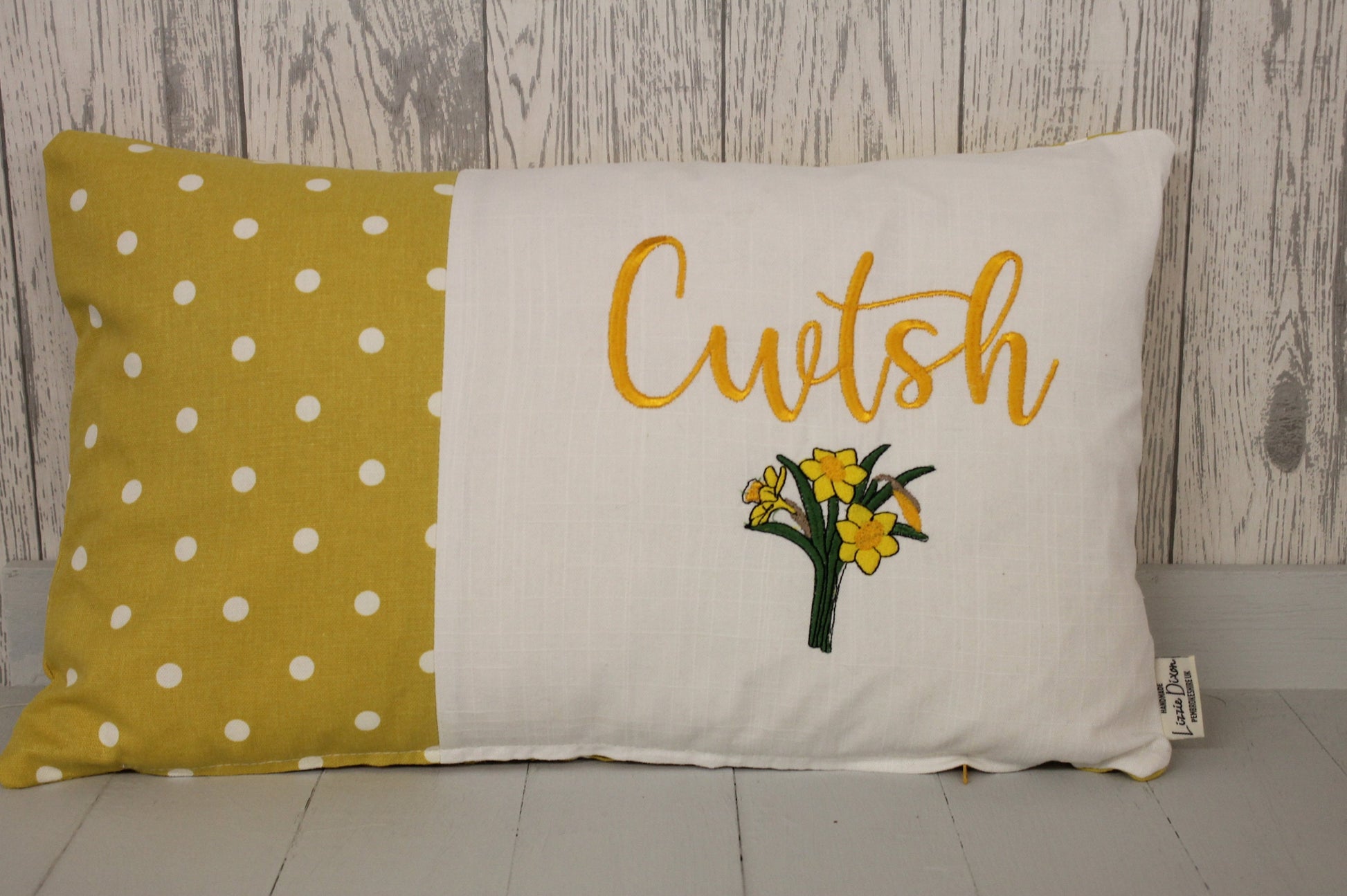 Cwtsh Spring Daffodil Cushion- Spring Cushion -Mustard Dotty Panel Long Cushion- Daffodil Cushion- Cwtsh Cushion