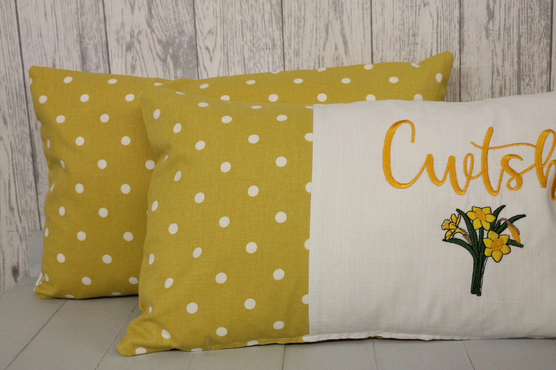 Cwtsh Spring Daffodil Cushion- Spring Cushion -Mustard Dotty Panel Long Cushion- Daffodil Cushion- Cwtsh Cushion