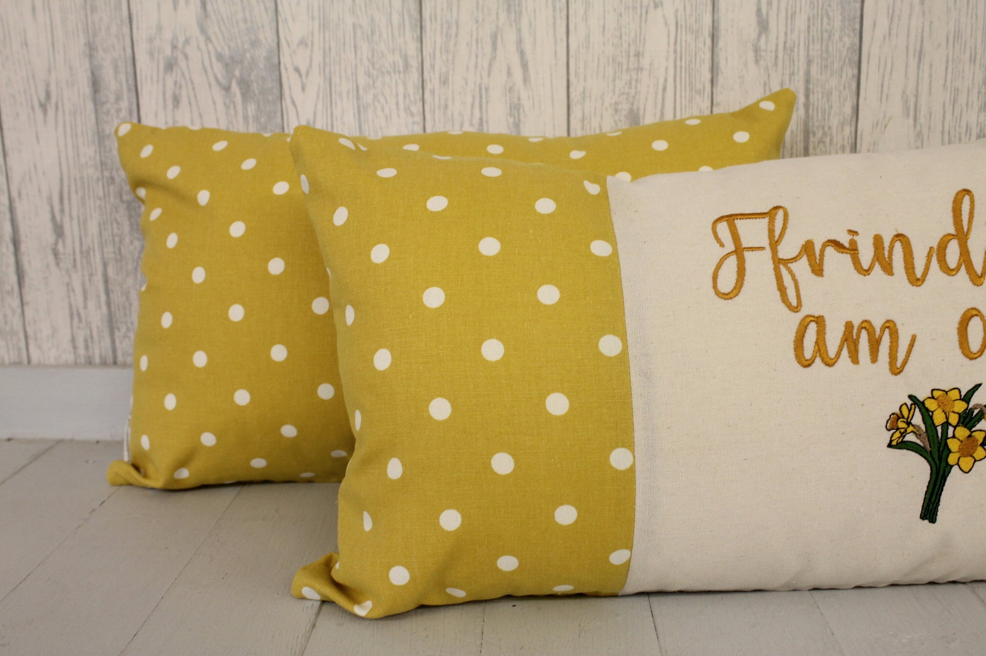 Forever Friends Spring Daffodil Cushion- Spring Cushion -Mustard Dotty Panel Long Cushion- Daffodil Cushion- Friends Cushion- Welsh Cushion