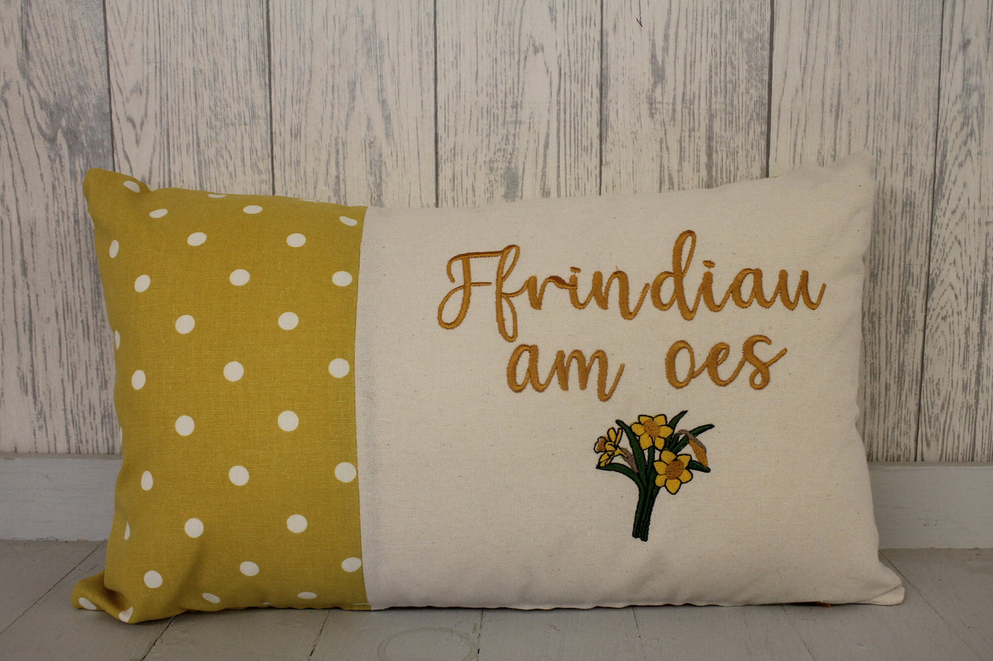 Forever Friends Spring Daffodil Cushion- Spring Cushion -Mustard Dotty Panel Long Cushion- Daffodil Cushion- Friends Cushion- Welsh Cushion