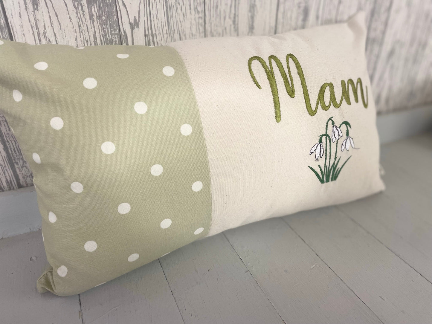 Personalised Mother’s Day Cushion-Green Dotty and snowdrops- Mamgu cushion-Mamgu gift