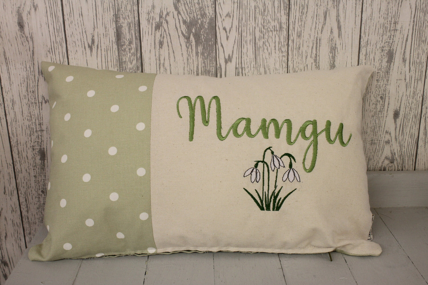 Personalised Mother’s Day Cushion-Green Dotty and snowdrops- Mamgu cushion-Mamgu gift