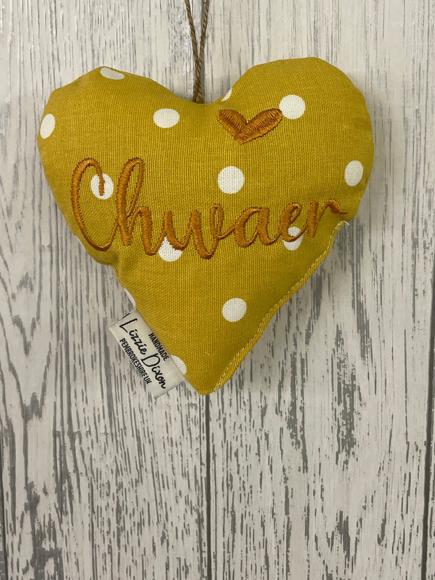 Mother's Day Decorative Hanging Heart- Mum Personalised Mother's Day Gift-Mustard Dotty Stuffed Lavender hanging Heart