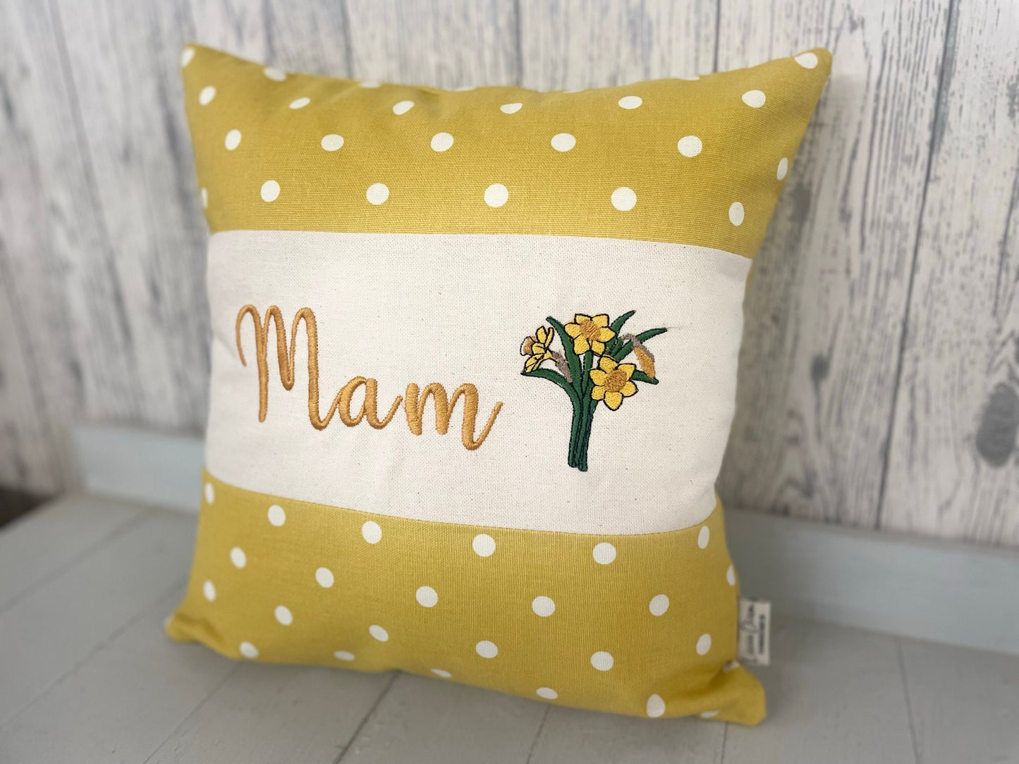 Personalised Mother’s Day Cushion- mustard dotty and daffodils Mamgu gift -Mamgu cushion