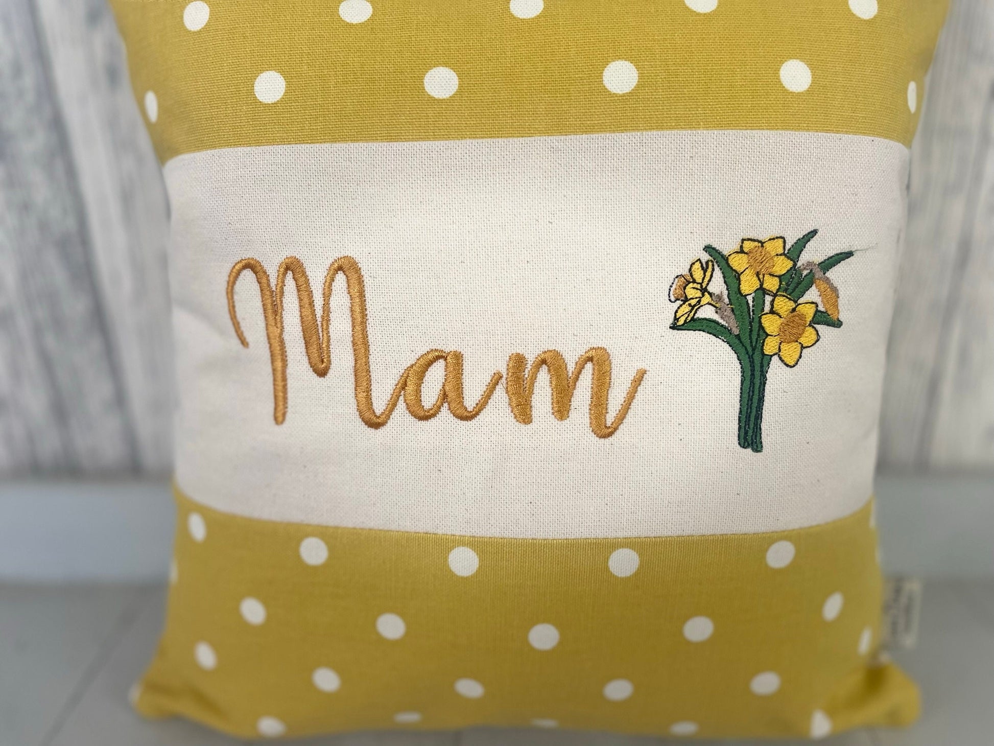 Personalised Mother’s Day Cushion- mustard dotty and daffodils Mamgu gift -Mamgu cushion