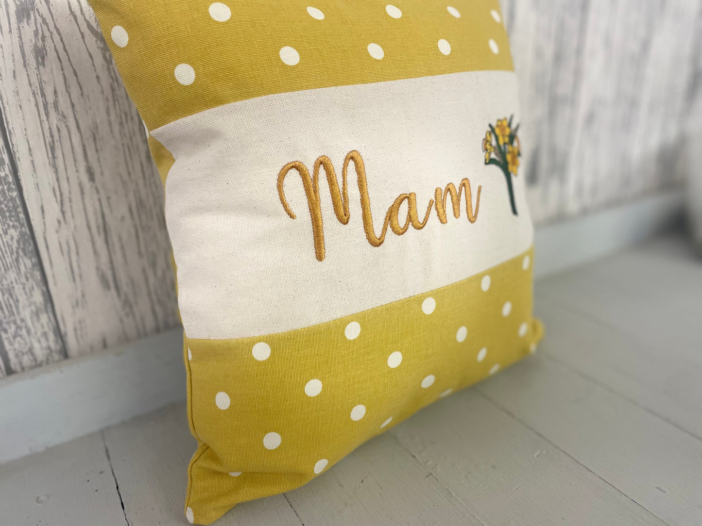 Personalised Mother’s Day Cushion- mustard dotty and daffodils Mamgu gift -Mamgu cushion