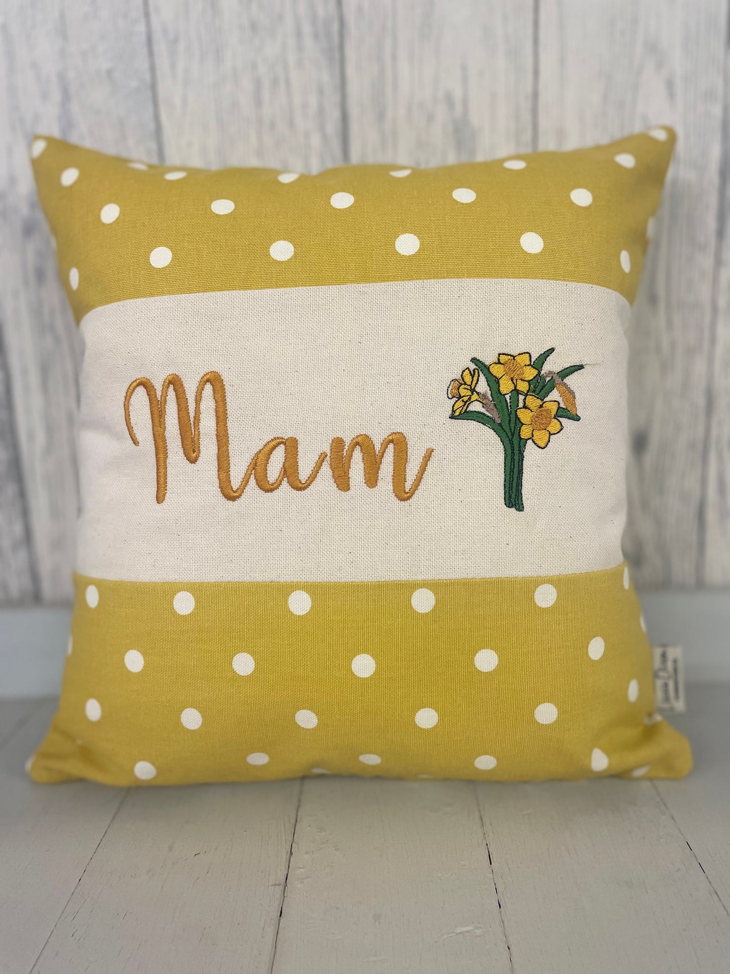 Personalised Mother’s Day Cushion- mustard dotty and daffodils Mamgu gift -Mamgu cushion