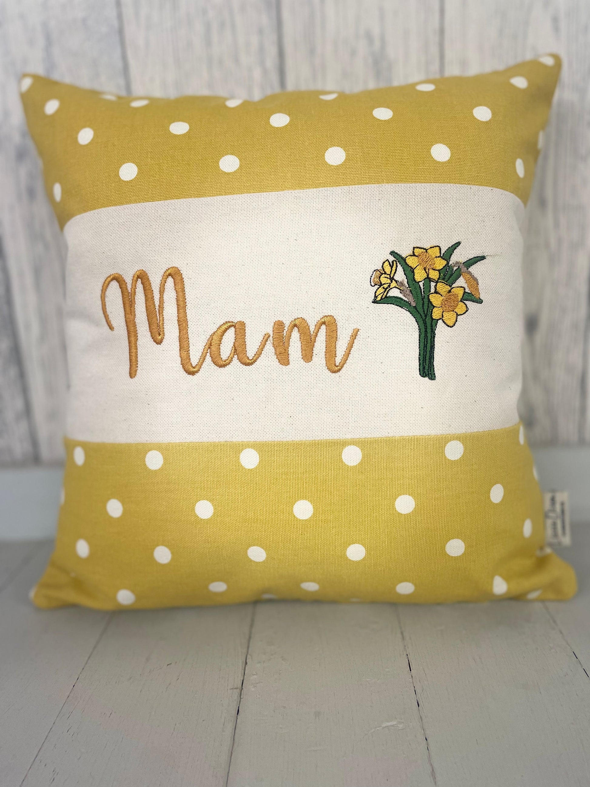 Personalised Mother’s Day Cushion- mustard dotty and daffodils Mamgu gift -Mamgu cushion