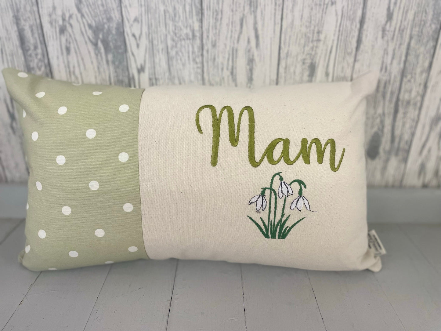 Personalised Mother’s Day Cushion-Green Dotty and snowdrops- Mamgu cushion-Mamgu gift