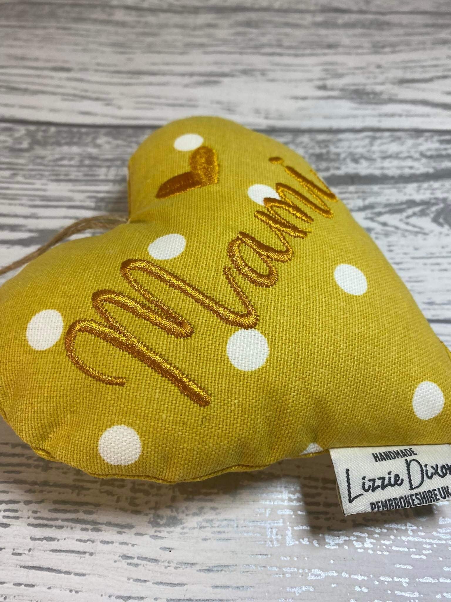 Mother's Day Decorative Hanging Heart- Mum Personalised Mother's Day Gift-Mustard Dotty Stuffed Lavender hanging Heart