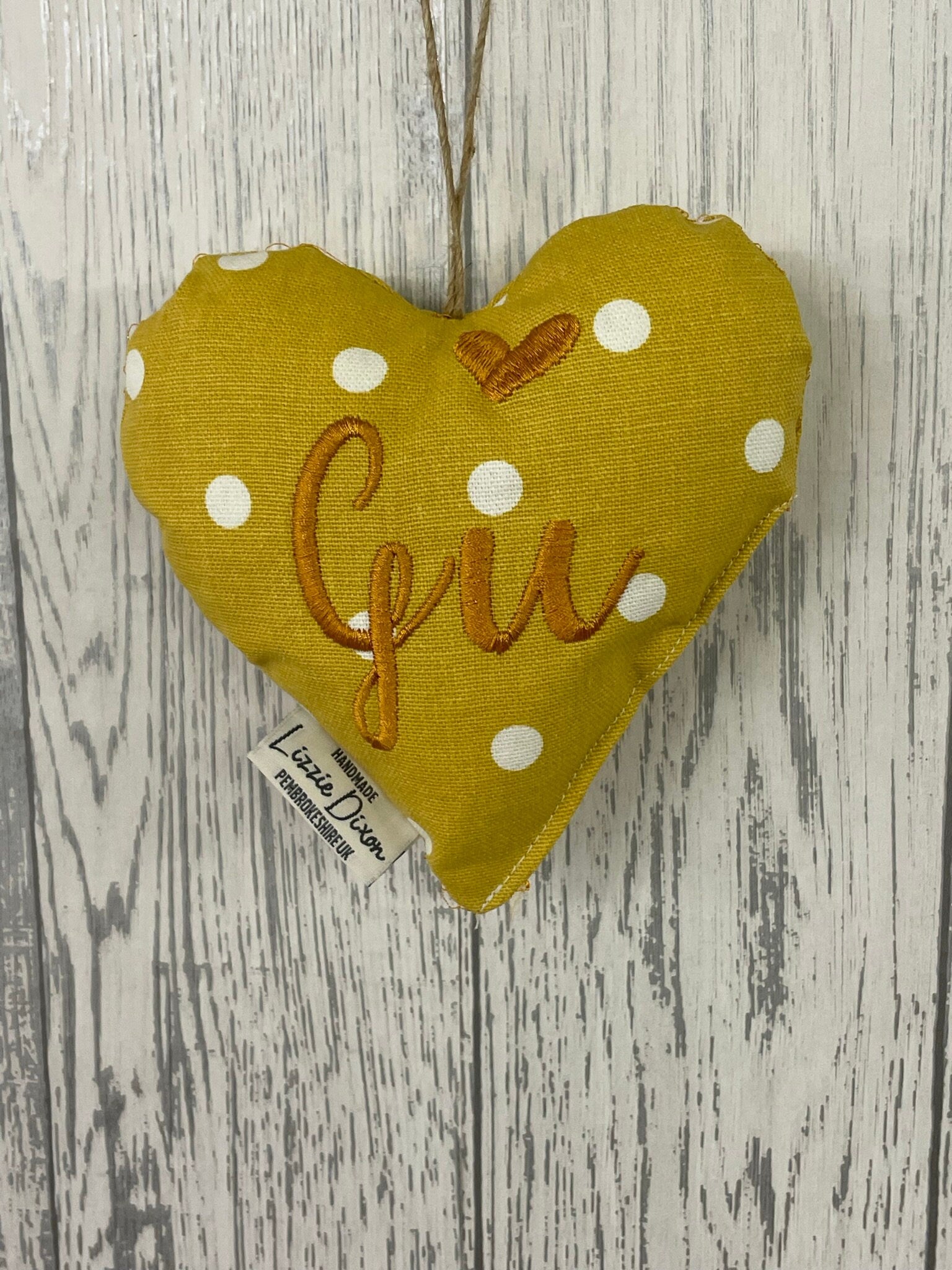 Mother's Day Decorative Hanging Heart- Mum Personalised Mother's Day Gift-Mustard Dotty Stuffed Lavender hanging Heart