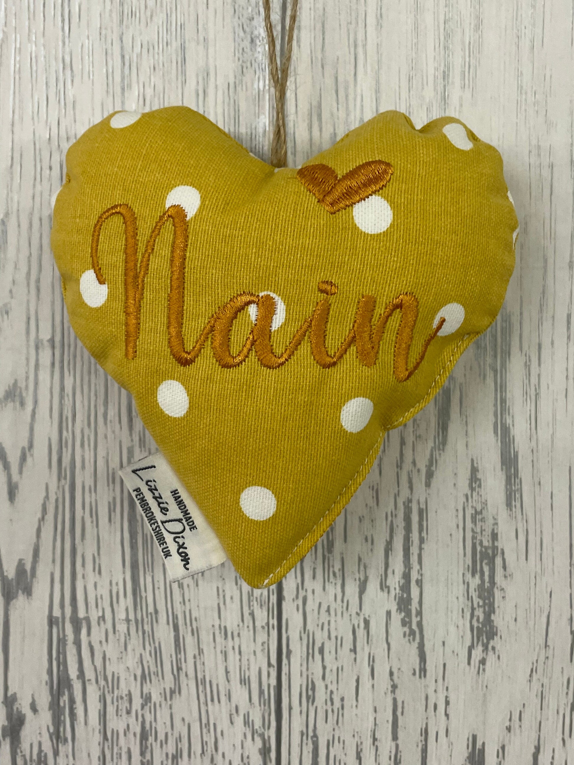 Mother's Day Decorative Hanging Heart- Mum Personalised Mother's Day Gift-Mustard Dotty Stuffed Lavender hanging Heart