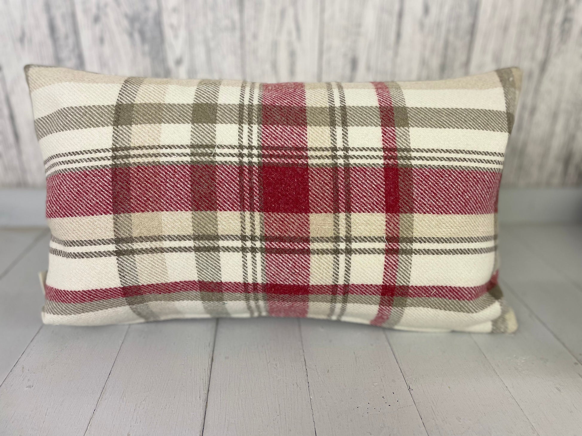 Cwtch Cushion-Personalised Cushion- Quote Cushion- Cranberry Check Wool touch & Cream long cushion.