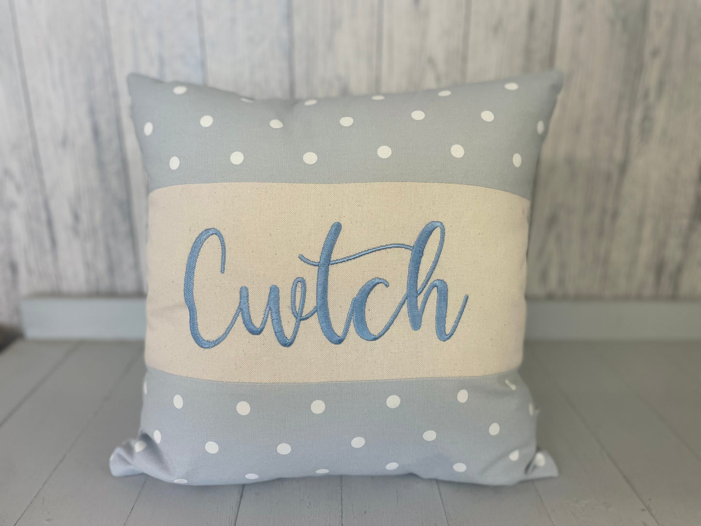 Cwtch Cushion,16" Dotty Cushion Welsh Cwtch Pillow,Cuddle Cushion, Handmade Welsh Gift, Pale Blue Dotty and Blue