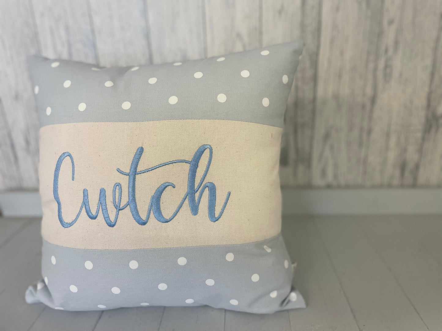 Cwtch Cushion,16" Dotty Cushion Welsh Cwtch Pillow,Cuddle Cushion, Handmade Welsh Gift, Pale Blue Dotty and Blue