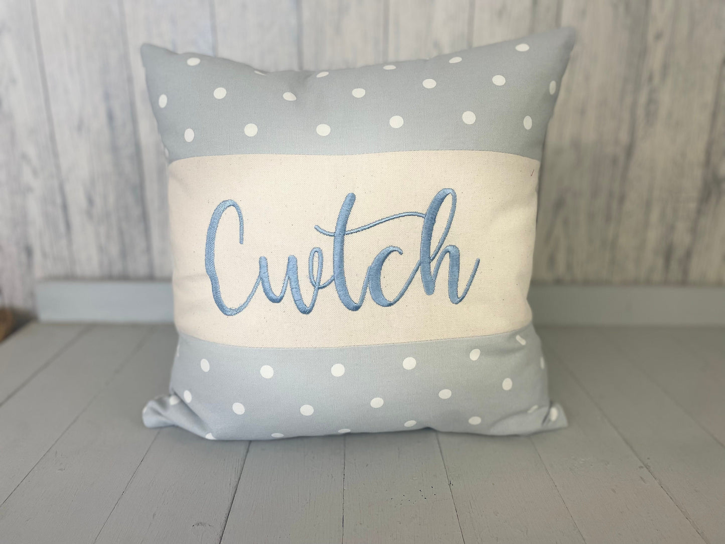 Cwtch Cushion,16" Dotty Cushion Welsh Cwtch Pillow,Cuddle Cushion, Handmade Welsh Gift, Pale Blue Dotty and Blue