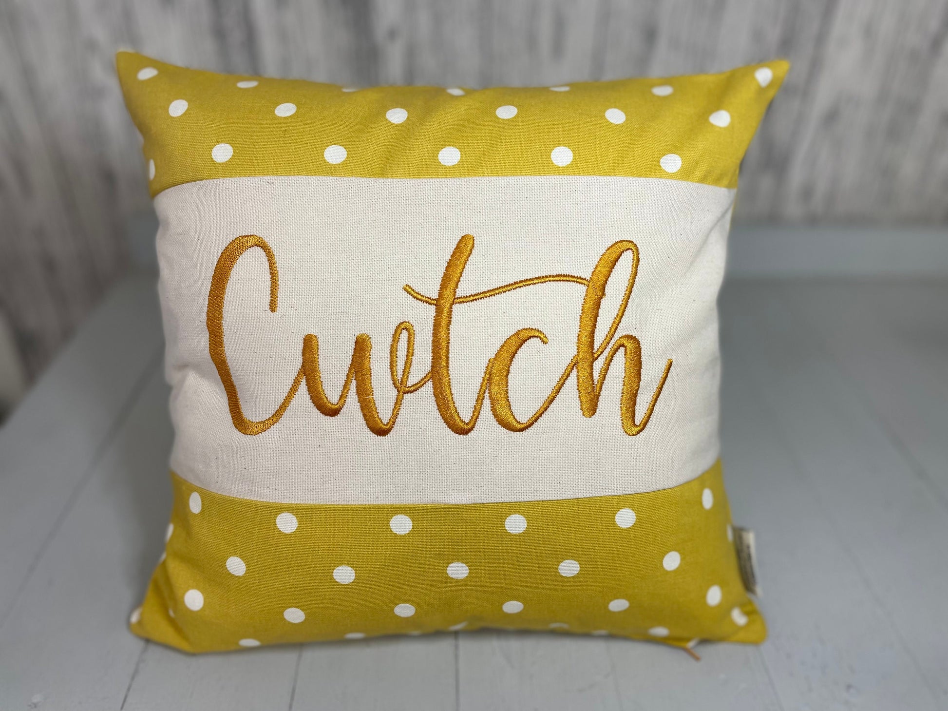 Cwtch Cushion-Mustard dotty 16” welsh quote panel cushion