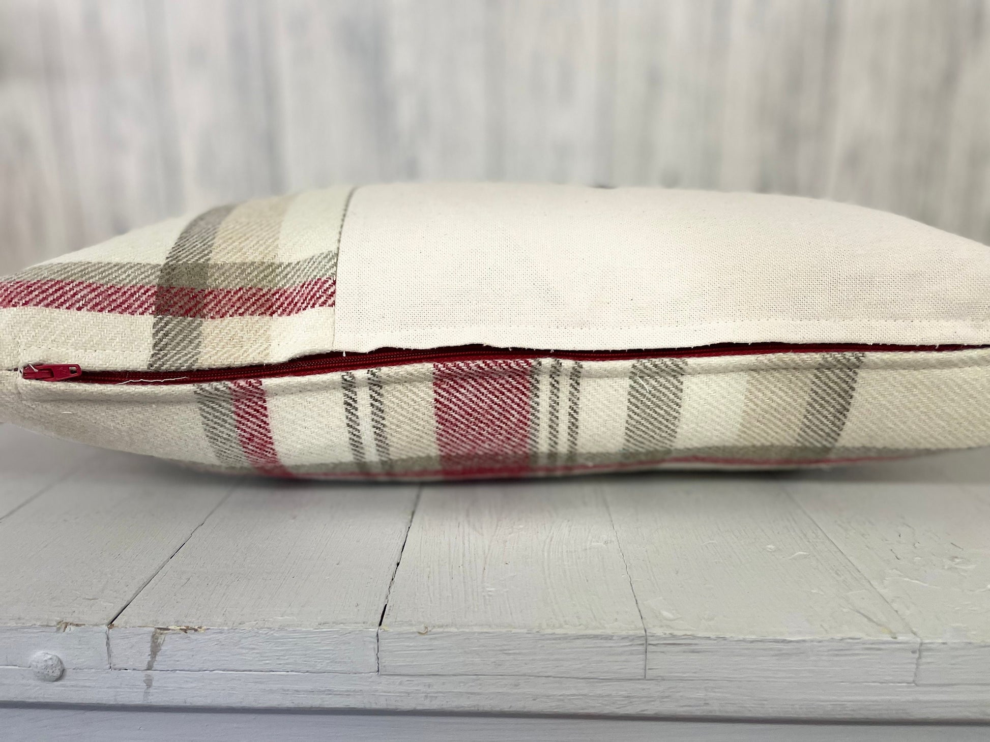 Cwtch Cushion-Personalised Cushion- Quote Cushion- Cranberry Check Wool touch & Cream long cushion.