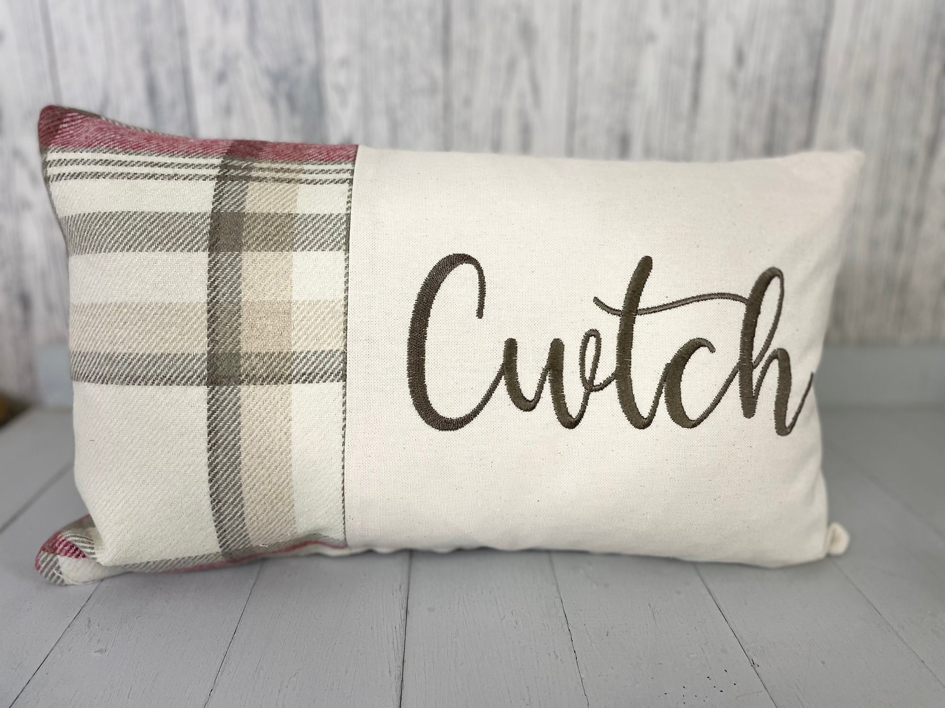 Cwtch Cushion-Personalised Cushion- Quote Cushion- Cranberry Check Wool touch & Cream long cushion.