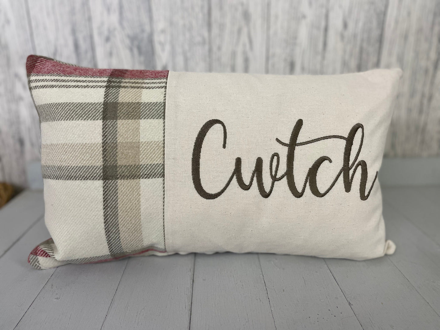 Cwtch Cushion-Personalised Cushion- Quote Cushion- Cranberry Check Wool touch & Cream long cushion.