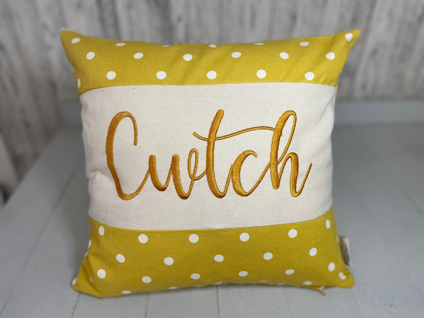 Cwtch Cushion-Mustard dotty 16” welsh quote panel cushion