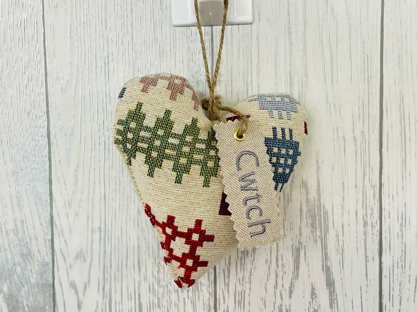 Cwtch Hanging Heart-Welsh Blanket style lavender heart- Welsh Tapastry fabric heart