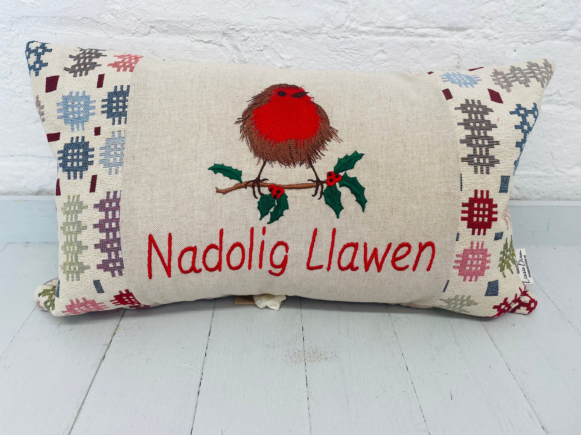 Christmas Robin ,fluffy Robin embroidered cushion Nadolig Llawen Welsh Blanket Tapestry