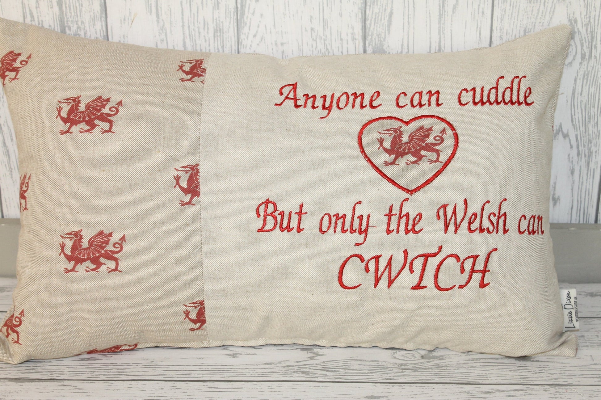 Anyone can Cuddle but only the Welsh can Cwtch-Welsh dragon panel long cushion