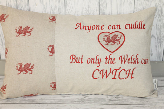 Anyone can Cuddle but only the Welsh can Cwtch-Welsh dragon panel long cushion
