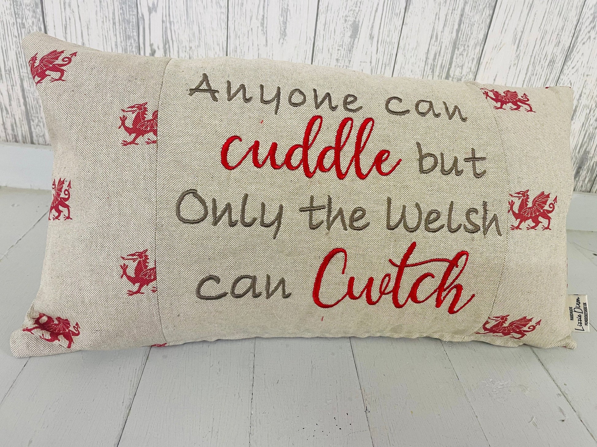 Anyone can Cuddle but only the Welsh can Cwtch-Welsh dragon panel long cushion