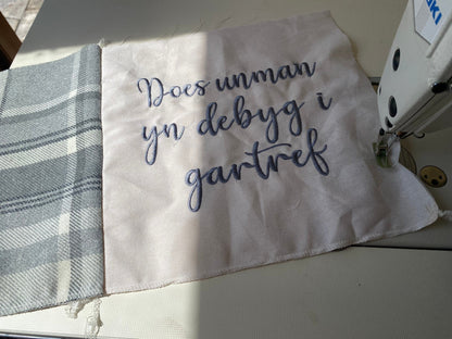 Welsh Quote Personalised Cushion- Quote Cushion- Grey Check Wool touch and Cream long cushion. Personalised cushion-