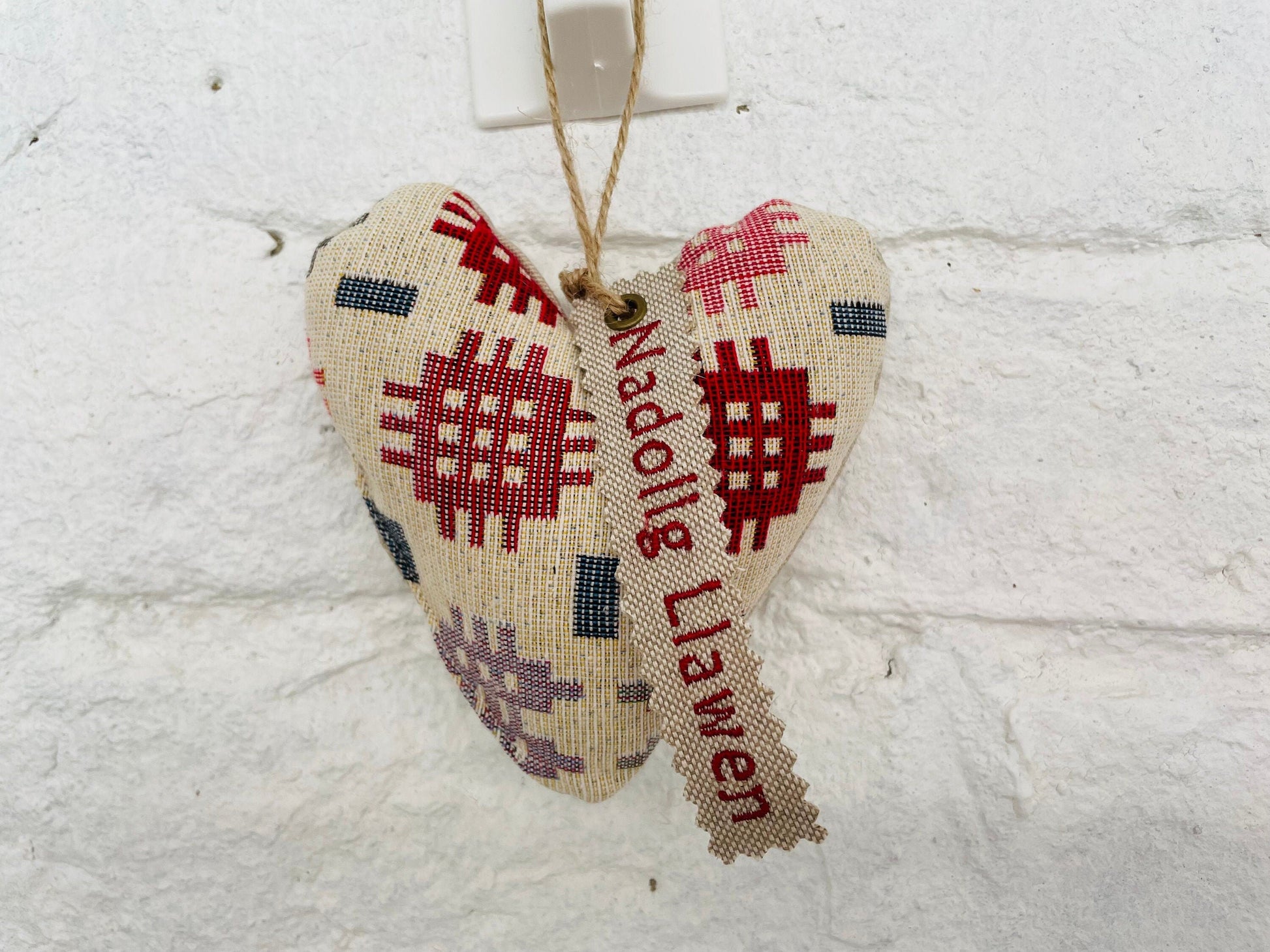 Nadolig Llawen Mini Christmas Heart- Welsh Blanket Tapestry fabricstyle Heart Nadolig Llawen Red Tag